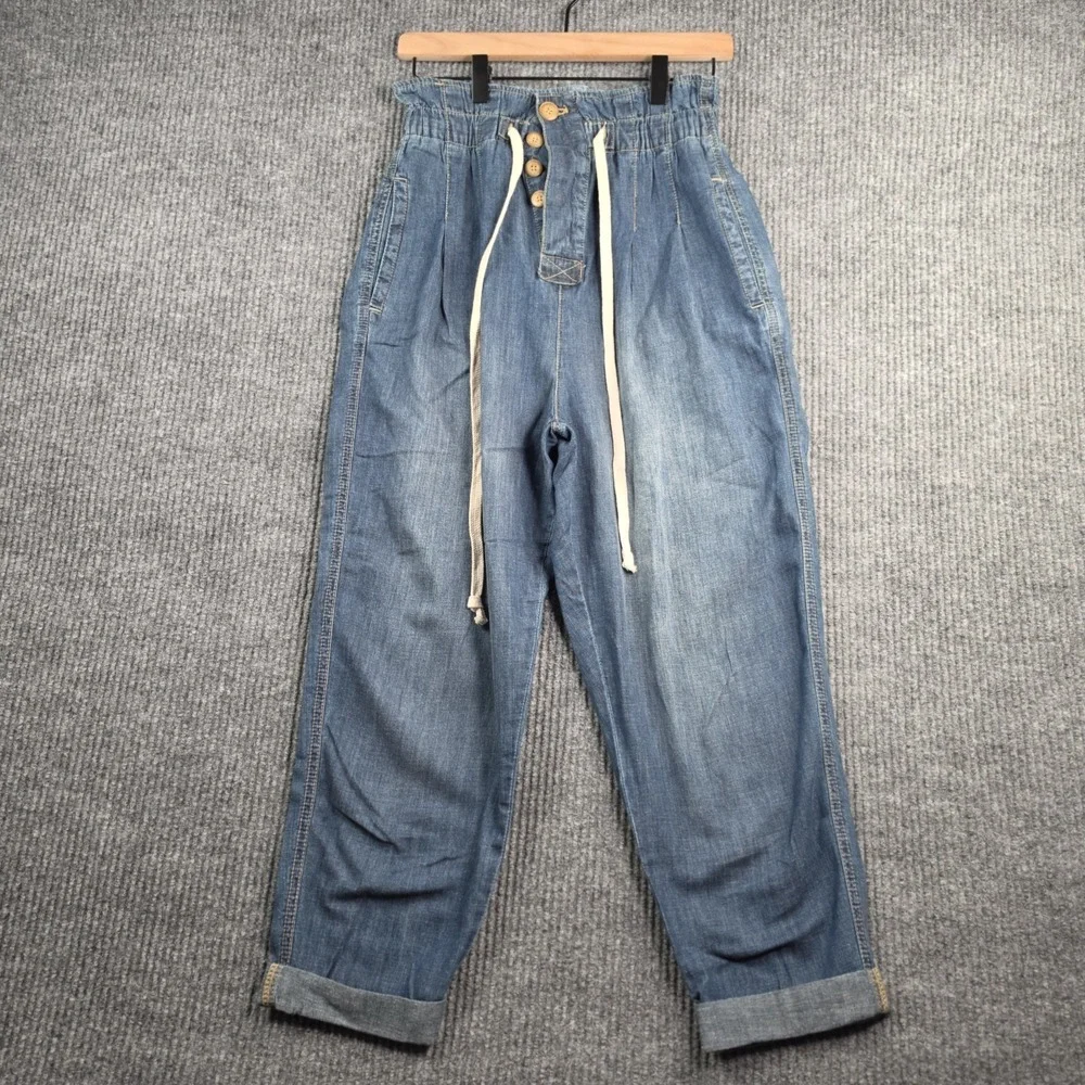 Free People Margate Jeans Womens XS Medium Blue Wash Paperbag Trouser Casual Y2K